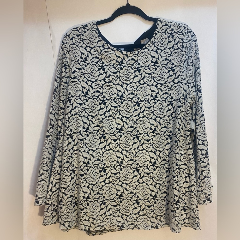 Chicos Burnout Jacquard Knit Top Black White Floral Rose Tie Back Size 2 Large